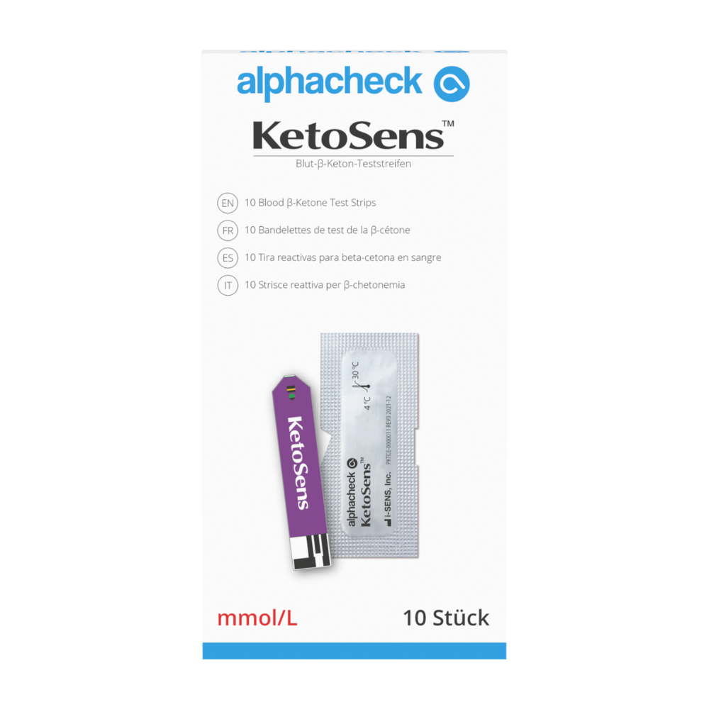 The image shows the packaging of Alphacheck KetoSens blood-β-ketone test strips | Box (10 pieces). The predominantly white box with blue and purple accents contains 10 blood-β-ketone test strips and displays multilingual information on usage and content, making it compatible with your blood glucose meter. This product is from Berger Med GmbH.