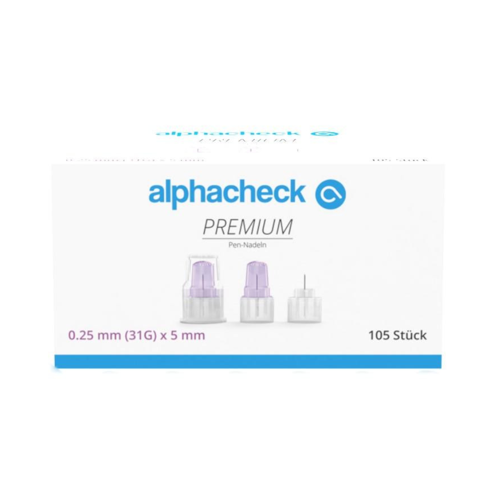 A white box with the inscription “Alphacheck PREMIUM Pen Needles, various sizes” and a blue logo. It contains 105 pen needles, with dimensions 0.25 mm (31G) x 5 mm for insulin administration. On the front are three pen needles depicted, ensuring minimal pain during use. The text “105 pieces” indicates the quantity. The product is from Berger Med GmbH.