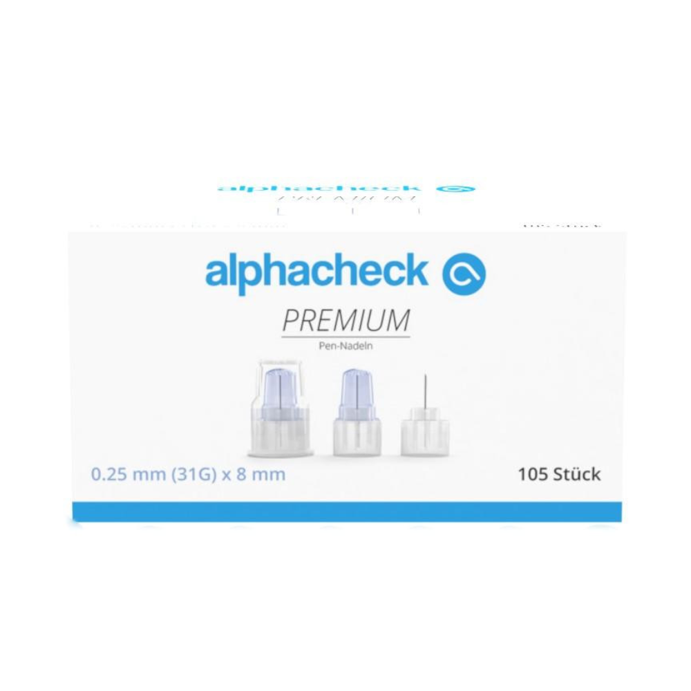 The image shows a box of Alphacheck PREMIUM Pen Needles, various sizes from Berger Med GmbH, developed for minimal pain during insulin administration. The packaging indicates that the needles are 0.25 mm (31G) x 8 mm in size and the box contains 105 pieces. Three pen needles are depicted on the box.
