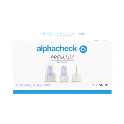 The image shows a box of Alphacheck PREMIUM Pen Needles, various sizes from Berger Med GmbH, developed for minimal pain during insulin administration. The packaging indicates that the needles are 0.25 mm (31G) x 8 mm in size and the box contains 105 pieces. Three pen needles are depicted on the box.