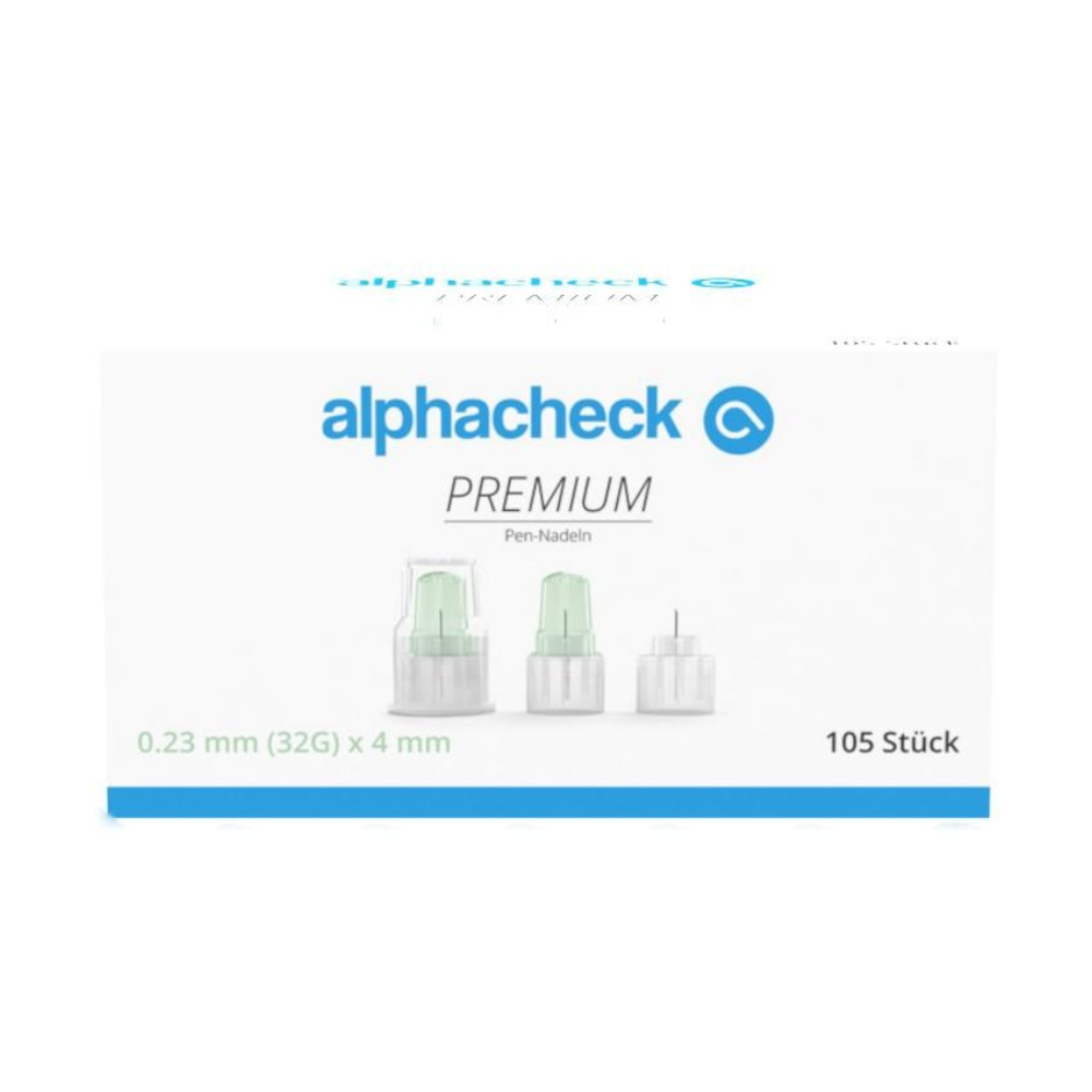 A white box with the inscription “Alphacheck PREMIUM Pen Needles, various sizes” in green-blue design, designed for minimal pain during insulin administration. It contains 105 pieces in the dimensions 0.23 mm (32G) x 4 mm. On the front are three pen needles from Berger Med GmbH depicted.