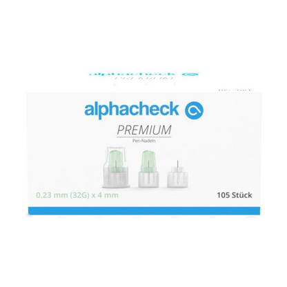 A white box with the inscription “Alphacheck PREMIUM Pen Needles, various sizes” in green-blue design, designed for minimal pain during insulin administration. It contains 105 pieces in the dimensions 0.23 mm (32G) x 4 mm. On the front are three pen needles from Berger Med GmbH depicted.
