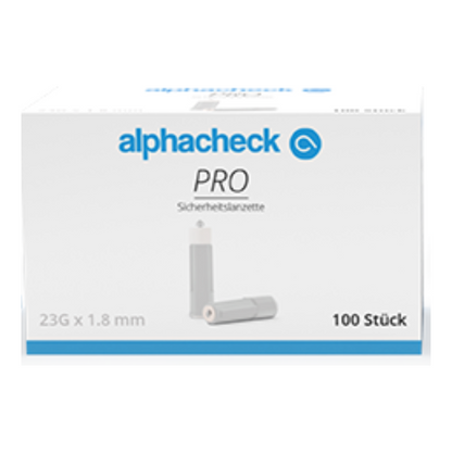 On a white box labeled 'Alphacheck PRO safety lancets, various sizes' by Berger Med GmbH, two gray safety lancets are depicted, ideal for blood sugar tests and capillary blood collection. The box measures 23G x 1.8 mm and contains 100 pieces.
