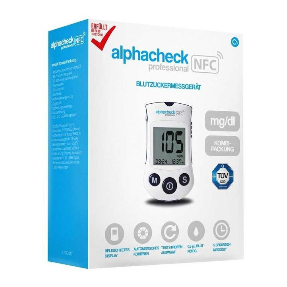 The image shows the packaging of the Alphacheck Professional NFC blood glucose meter combo pack | Pack (1 piece). On the front of the box is an image of the Alphacheck Professional NFC blood glucose meter displaying a value of 105 mg/dL. The box contains various labels and symbols highlighting the diabetes management features and the integration of NFC technology. Brand name: Berger Med GmbH.