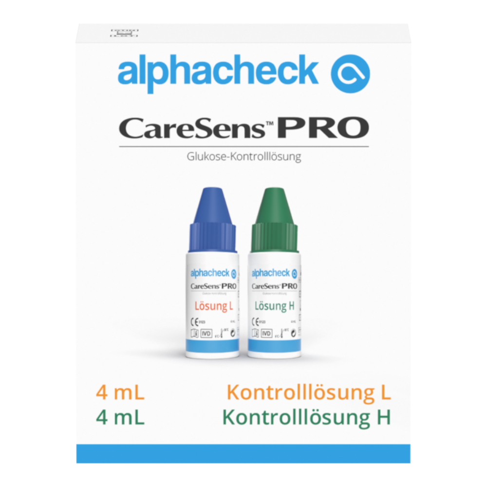 The image shows a white box with the inscription "Berger Med GmbH Alphacheck CareSens PRO Control Solution L+H | Pack (2 bottles)", ideal for practice measurements with blood glucose meters. It contains two small bottles, one with a blue cap labeled "Solution L" and one with a green cap labeled "Solution H", each holding 4 ml.
