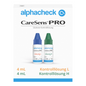 The image shows a white box with the inscription "Berger Med GmbH Alphacheck CareSens PRO Control Solution L+H | Pack (2 bottles)", ideal for practice measurements with blood glucose meters. It contains two small bottles, one with a blue cap labeled "Solution L" and one with a green cap labeled "Solution H", each holding 4 ml.