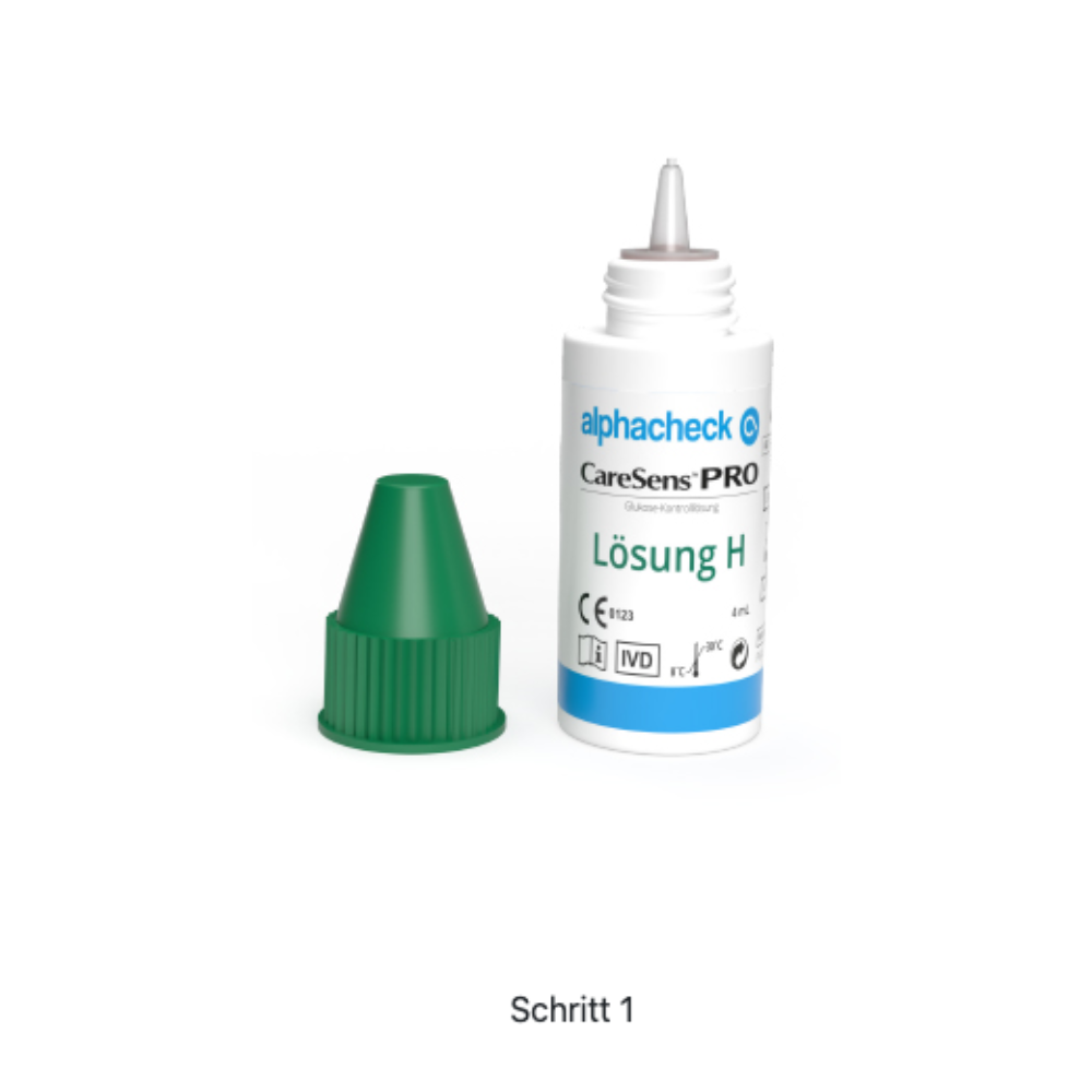 A white test solution bottle labeled "Alphacheck CareSens PRO Control Solution L+H | Pack (2 bottles)" with a blue-white design and a green cap placed next to it. The bottle, intended for practice measurements with blood glucose meters, has German text and various symbols indicating medical use. The text "Step 1" is below the image.