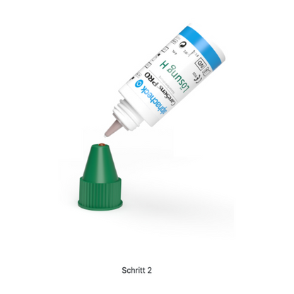 A small white bottle labeled "Berger Med GmbH Alphacheck CareSens PRO Control Solution L+H | Pack (2 bottles)" with a blue cap is tilted downwards, releasing a drop of liquid onto a green cone-shaped object. Below the image is the text "Step 2", reminiscent of instructions for practice measurement.