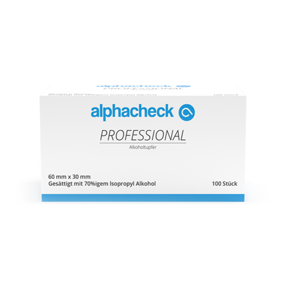 A white-blue box of Alphacheck Professional Alcohol Swabs 3 x 6 cm | Pack (100 pieces) by Berger Med GmbH contains 100 pieces, each 60 mm x 30 mm, soaked with 70% isopropyl alcohol. The product is labeled in both German and English for easy identification, making it ideal for skin disinfection.