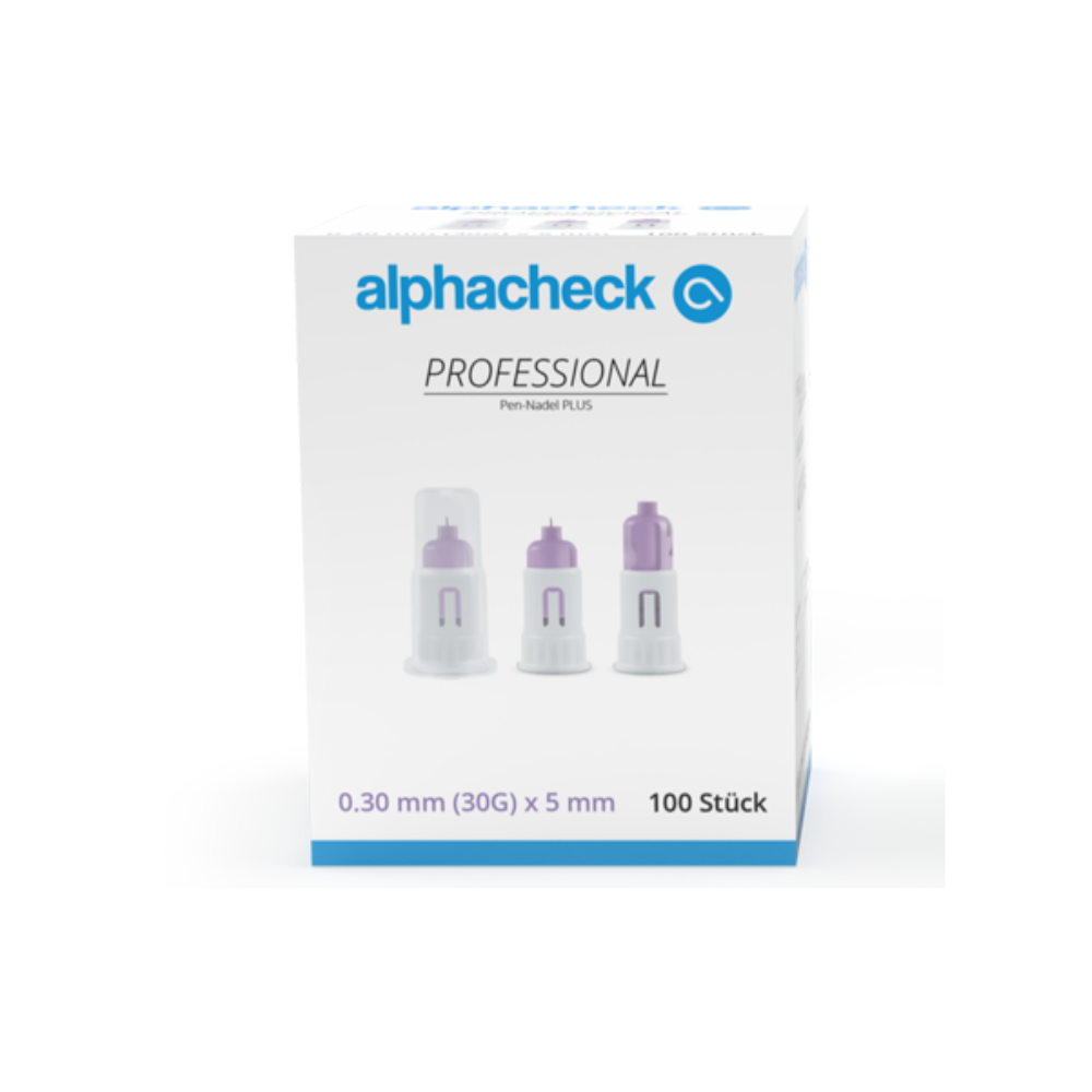 Eine Schachtel Alphacheck Professional Pen-Nadel PLUS, verschiedene Größen, für Insulininjektionen. Die Schachtel zeigt ein Bild der sterilen Nadeln und gibt die Größe an: 0,30 mm (30G) x 5 mm. Sie enthält 100 Stück von Berger Med GmbH.