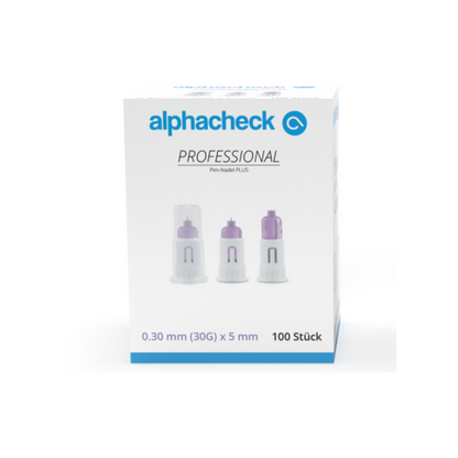 Eine Schachtel Alphacheck Professional Pen-Nadel PLUS, verschiedene Größen, für Insulininjektionen. Die Schachtel zeigt ein Bild der sterilen Nadeln und gibt die Größe an: 0,30 mm (30G) x 5 mm. Sie enthält 100 Stück von Berger Med GmbH.