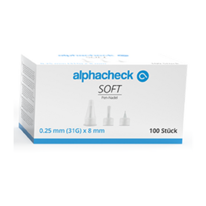 A white-blue box labeled "Alphacheck soft Pen Needles, various sizes, 100 pieces/pack" from Berger Med GmbH contains 100 pen needles for insulin injection. The product specifications are 0.25 mm (31G) x 8 mm. The box, which features images of the pen needles on the front, offers various size options for versatile medical needs.