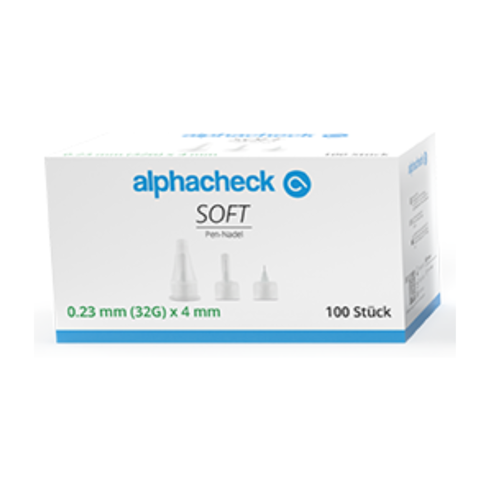 A white box labeled "Berger Med GmbH Alphacheck Soft Pen Needles, various sizes, 100 pieces/pack" contains 100 pen needles. The text indicates that the needles are 0.23 mm (32G) x 4 mm in size and suitable for comfortable insulin injection. The front of the box shows three needle images and additional text in blue and green.