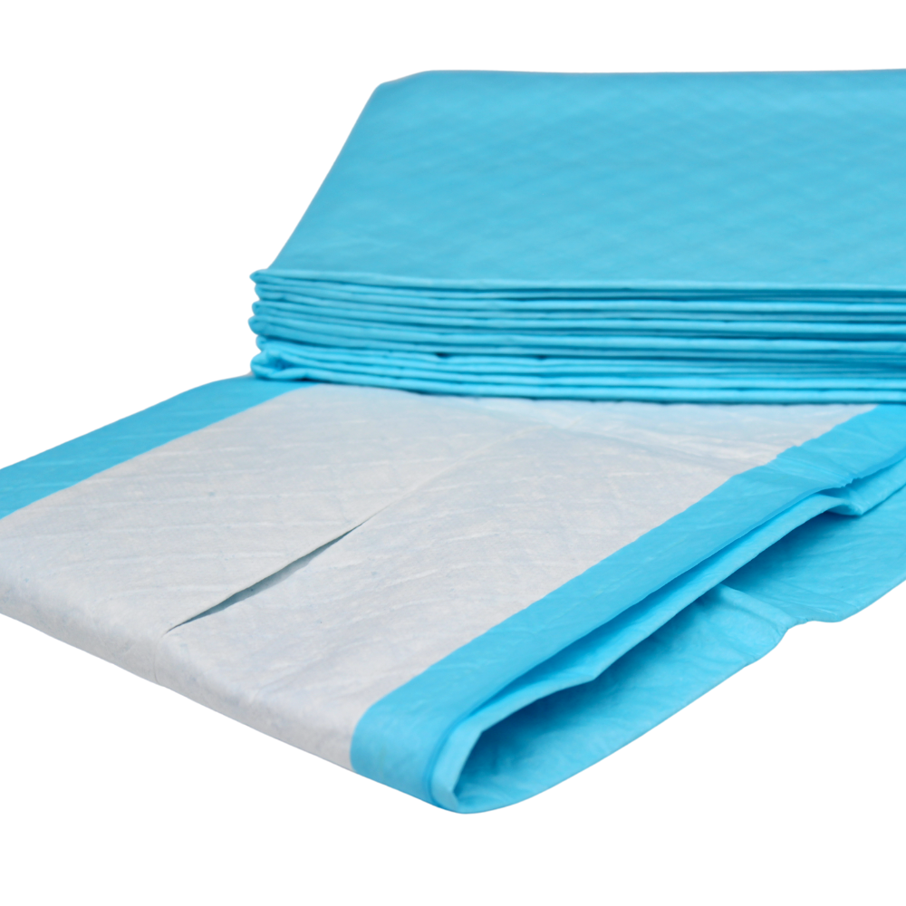 Depicted is a stack of blue Altruflock® bed protection pads 60 x 90 cm Supersoft Extremely Absorbent | Package (25 pieces) from Altruan for single use. One pad is partially unfolded, revealing the white absorbent surface with blue edges. The incontinence pads appear to be neatly stacked on top of each other.