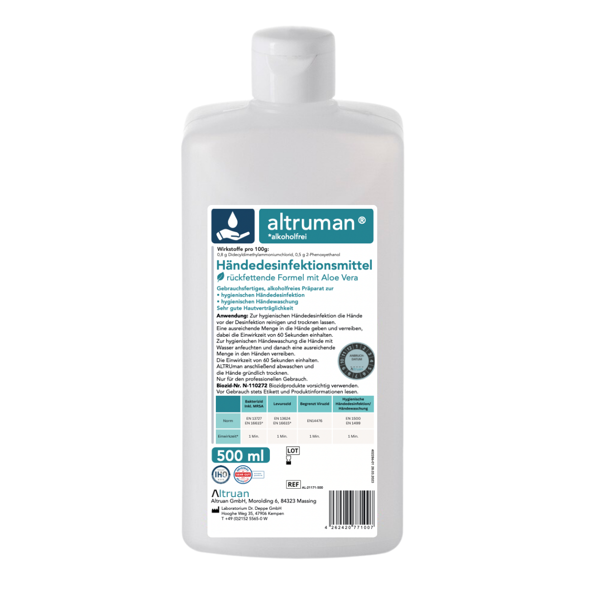 A 500 ml bottle of Altruan hand sanitizer with a label featuring product details and ingredients in German, highlighting the skin-friendly, alcohol-free formula with Aloe Vera.