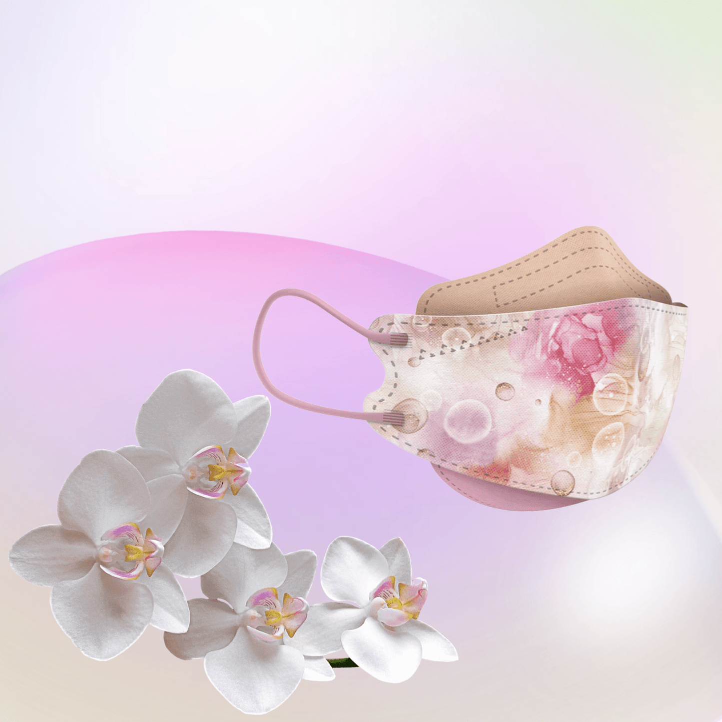 A particle-filtering Altruan designer face mask that meets the FFP2 standard shows its ergonomic fit against a pastel background with a pink-green gradient. In the foreground, a cluster of white orchids highlights the elegance of its stylish design.