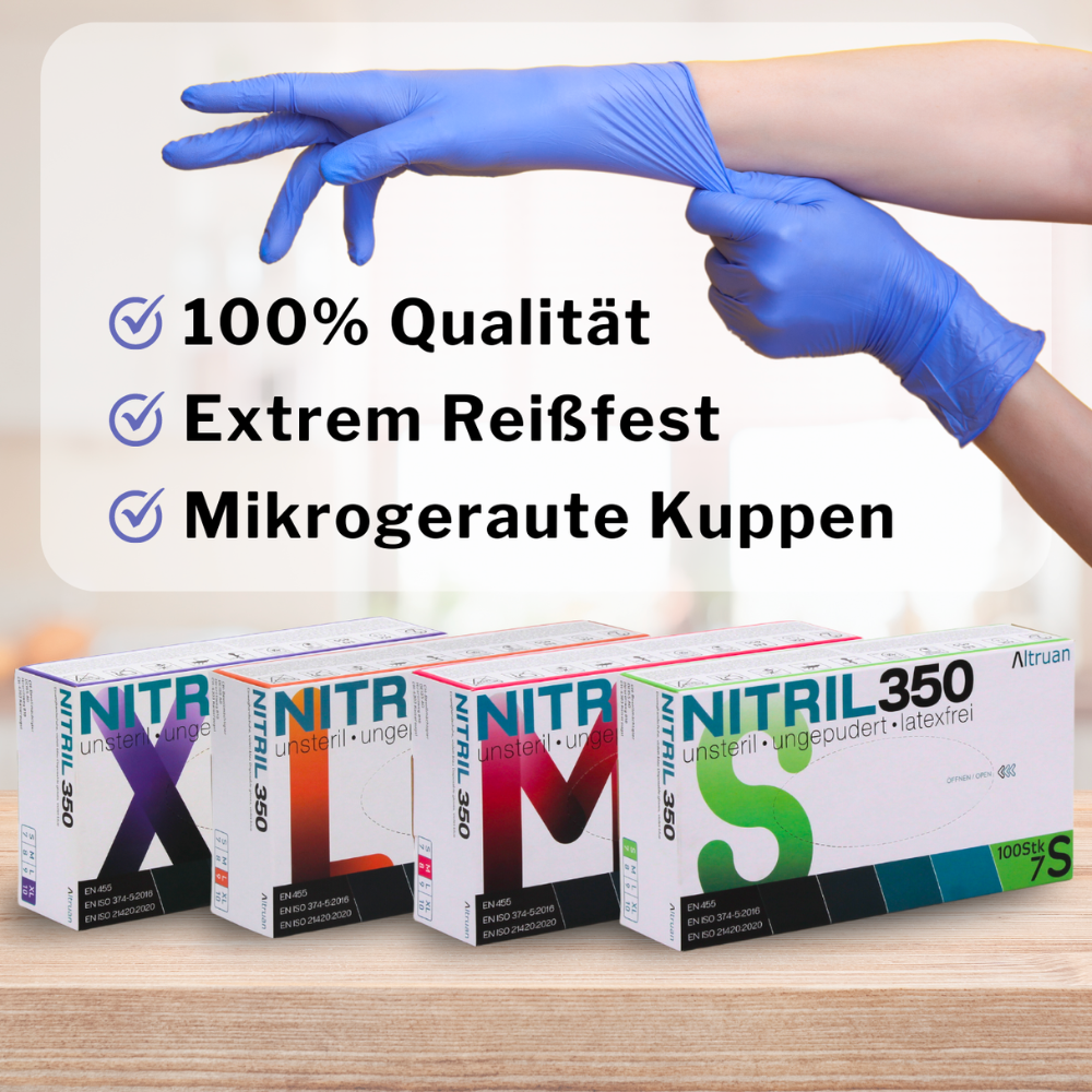 A gloved hand checks off features listed on a board. Three boxes of Altruan NITRIL350 nitrile gloves are clearly visible: "100% quality," "extremely tear-resistant," and