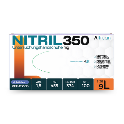 Box of Altruan NITRIL350 disposable nitrile gloves in violet-blue color, size L. The packaging highlights features such as powder-free, latex-free, and compliance with EN.