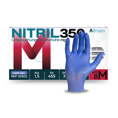 A box of Altruan NITRIL350 violet-blue latex-free nitrile examination gloves with a glove extended forward in size 8m. The box text