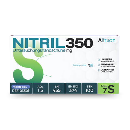 A box of Altruan NITRIL350 examination gloves made of nitrile in small violet-blue size. The packaging highlights features such as powder-free, non-sterile, latex-free, and certifications.