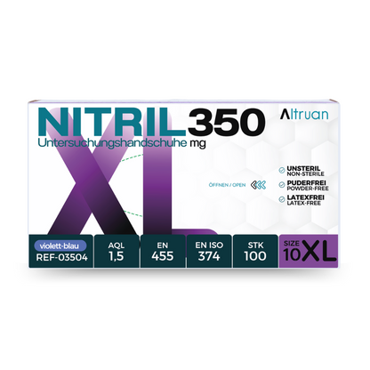 A box of Altruan NITRIL350 nitrile gloves, disposable gloves, blue – 100 pieces of non-sterile, latex-free, violet-blue nitrile examination gloves in size XXL, with certifications and product details.