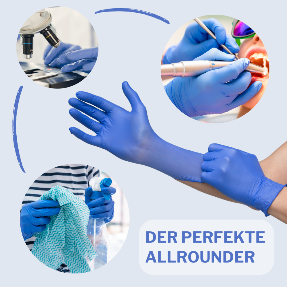 Collage of images showing Altruan NITRIL350 nitrile gloves, disposable gloves, blue - 100 pieces in various professional environments: close-up of a microscope, dental treatment, and laboratory tests. The text reads "the perfect all-rounder" in