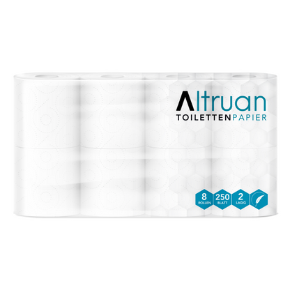 A pack of Altruan toilet paper, 2-ply, white contains eight rolls. The packaging indicates that one roll contains 250 sheets and the paper is two-ply recycled paper. The packaging has the word "toilet paper" printed on it, indicating that it is toilet paper.
