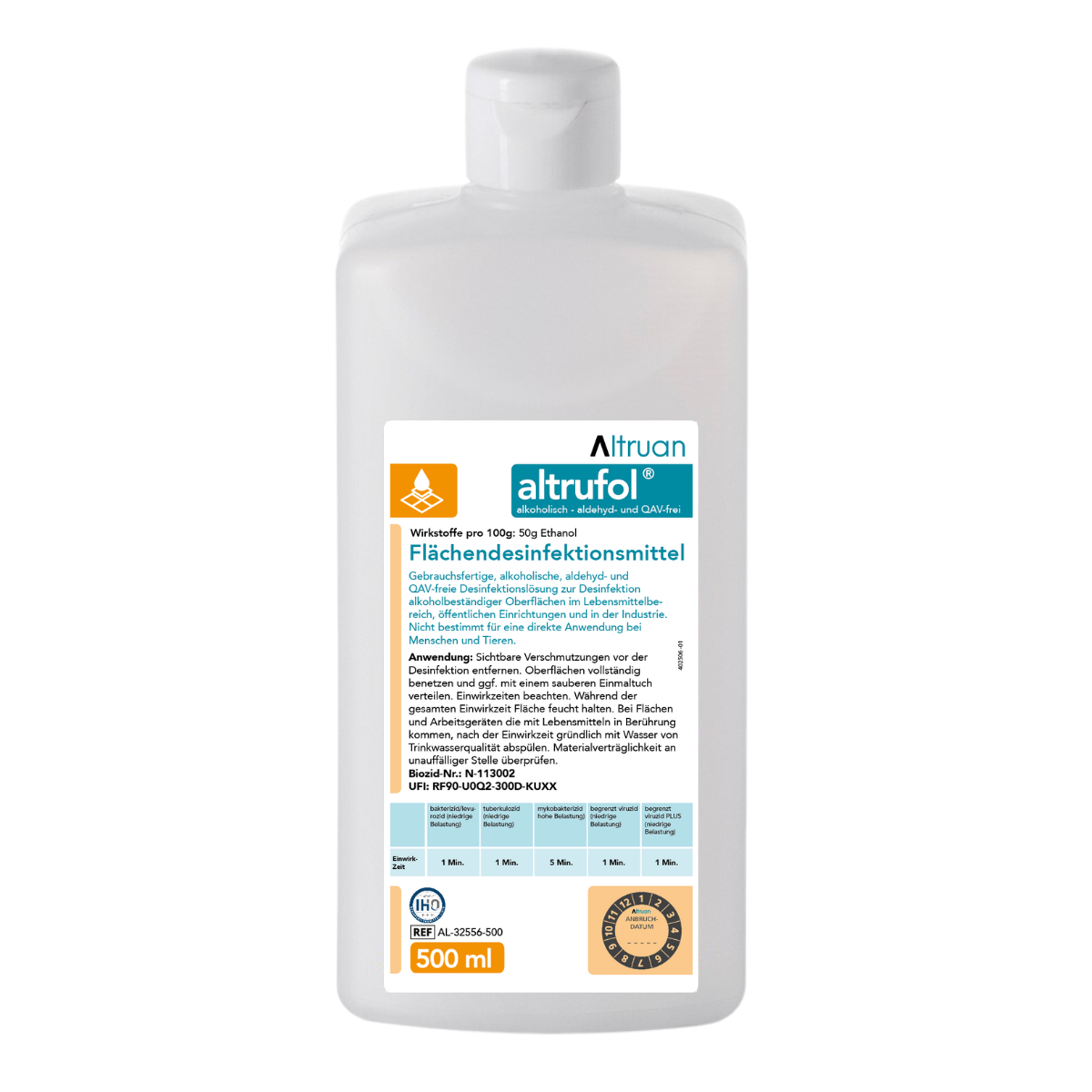 A transparent plastic bottle labeled “Altrufol® Surface Disinfectant | Bottle (500 ml)” by the brand Altruan contains 500 ml of disinfectant solution with 50 g of ethanol. The label in German includes the product name, details, instructions, and precautions. The bottle is sealed with a white cap.