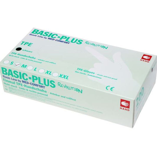 Eine weiß-grüne rechteckige Schachtel mit der Aufschrift "BASIC-PLUS REVOLUTION" der AMPri Handelsgesellschaft mbH enthält 200 schwarze, puderfreie TPE-Handschuhe (Größen S-XXL). Auf der Schachtel sind die Logos von MED-COMFORT und HAND abgebildet.