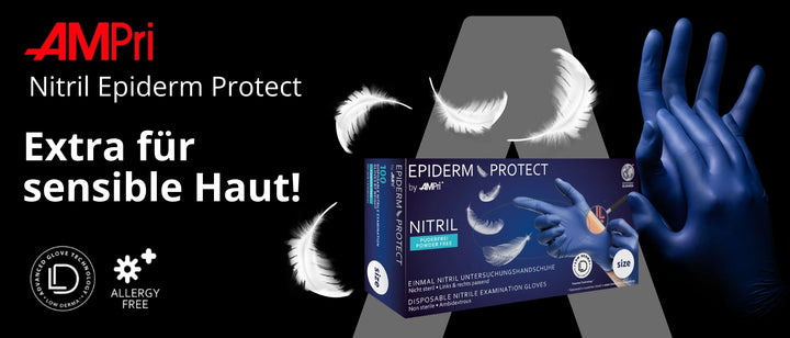 Werbeanzeige für AMPri Nitril Epiderm Protect Einmal-Untersuchungshandschuhe. Schwarzer Hintergrund mit schwebenden weißen Federn als Symbol für Sanftheit. Links steht der Text „Extra für sensible Haut!“, dazu Piktogramme für „Low Derma – Advanced Glove Technology“ und „Allergy Free“. Rechts eine geöffnete Packung blauer, puderfreier Nitril-Handschuhe, daneben eine Hand mit angezogenem Handschuh.