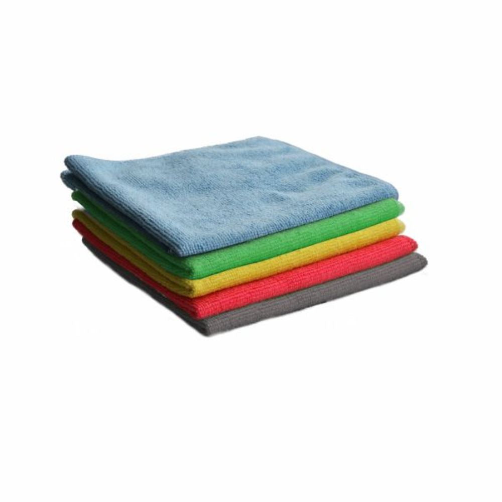 A set of Arcora BASIC-LINE microfiber cloths in blue, green, yellow, and red is neatly arranged on a white background, ideal for maintenance cleaning.