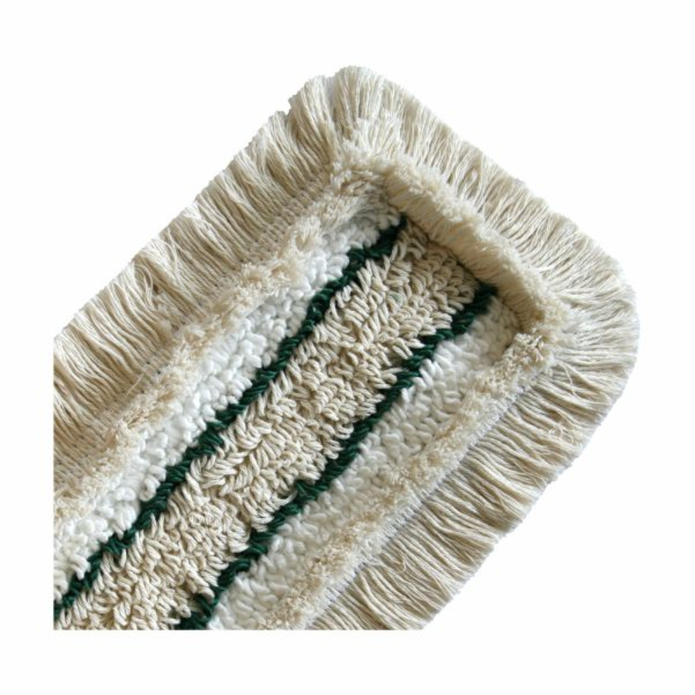 A close-up of the Arcora Hospital Quattro Mop by Arcora International GmbH - a cream-colored, rectangular dust mop head with frayed edges and two green center stripes, perfect for cleaning hard floors.