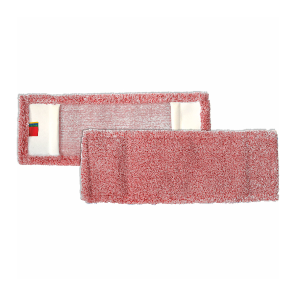 Pictured are two rectangular pink Arcora Micro Red - Fc Without Cover Mop Pads from Arcora International GmbH: one flat with the cleaning side, the other with the white underside. Ideal for wet and dry cleaning, delivered in a box with 75 pieces.