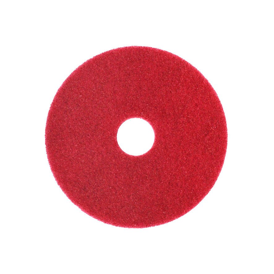 The Arcora Superpad Red Maintenance Cleaning from Arcora International GmbH, designed for use with scrubber-dryers or spray cleaners up to 400 RPM, is depicted in red with a center hole on a white background.
