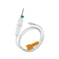 The image shows the B. Braun Intrafix® Air P infusion set with a transparent, flexible tube, a drip chamber, and a spike for inserting the fluid bag. This pressure and gravity infusion system features an orange roller clamp for flow control, all neatly coiled on a white background.