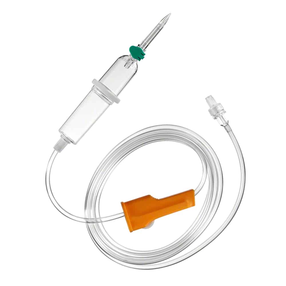 The B. Braun Intrafix® Primeline, Neutrapur 180 cm features a clear chamber, a spike, and a long transparent tube from B. Braun Deutschland GmbH & Co. KG. It includes an orange flow regulator and a connector, making it ideal for the administration of intravenous fluids or medications.