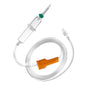 The B. Braun Intrafix® Primeline, Neutrapur 180 cm features a clear chamber, a spike, and a long transparent tube from B. Braun Deutschland GmbH & Co. KG. It includes an orange flow regulator and a connector, making it ideal for the administration of intravenous fluids or medications.