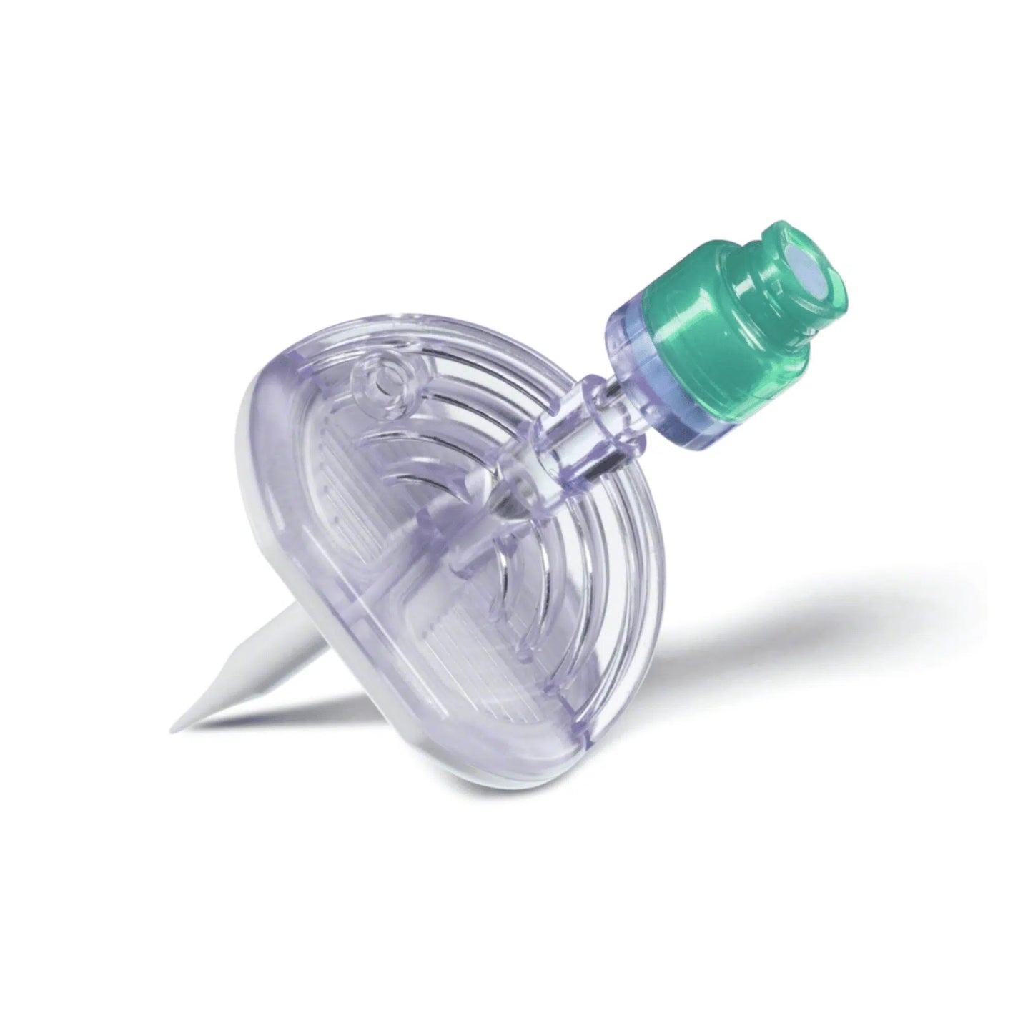 The B. Braun Mini-Spike® 2 - 1 piece from B. Braun Deutschland GmbH & Co. KG is a sterile syringe filter with a translucent body and green tip, including a flat, round membrane and a pointed nozzle for effective liquid filtration. The slight angle increases the precision of the Mini-Spike design and seamlessly combines form and function against a simple white background.