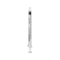 A single, transparent B. Braun Omnifix®-F fine dosing syringe with a black rubber stopper and measurement markings on the side. The polypropylene syringe barrel stands upright against a white background.