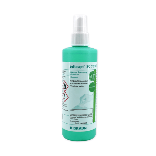 A green bottle labeled “B. Braun "Softasept ISO 70% Skin Disinfectant," which is equipped with a spray nozzle and intended for skin disinfection, contains an alcohol-based disinfectant that is effective against bacteria. The label features various symbols and safety instructions; at the bottom is the brand name "B. Braun "Deutschland GmbH & Co. KG" is noted.