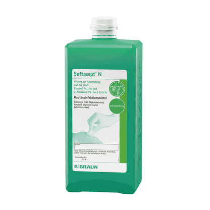 A green plastic bottle with B. Braun Softasept® N skin disinfectant from B. Braun Germany GmbH & Co. KG bears a label with detailed information about the ingredients, including 74.4% ethanol and 10% 2-propanol. This makes it perfect for preparing the skin before injections. Instructions in German are also available.