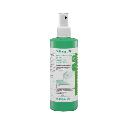 A green bottle of B. Braun Softasept® N skin disinfectant, manufactured by B. Braun Germany GmbH & Co. KG, is ideal for use before injection and features a spray nozzle. The label contains instructions and product information, while the bottle stands upright against a white background.