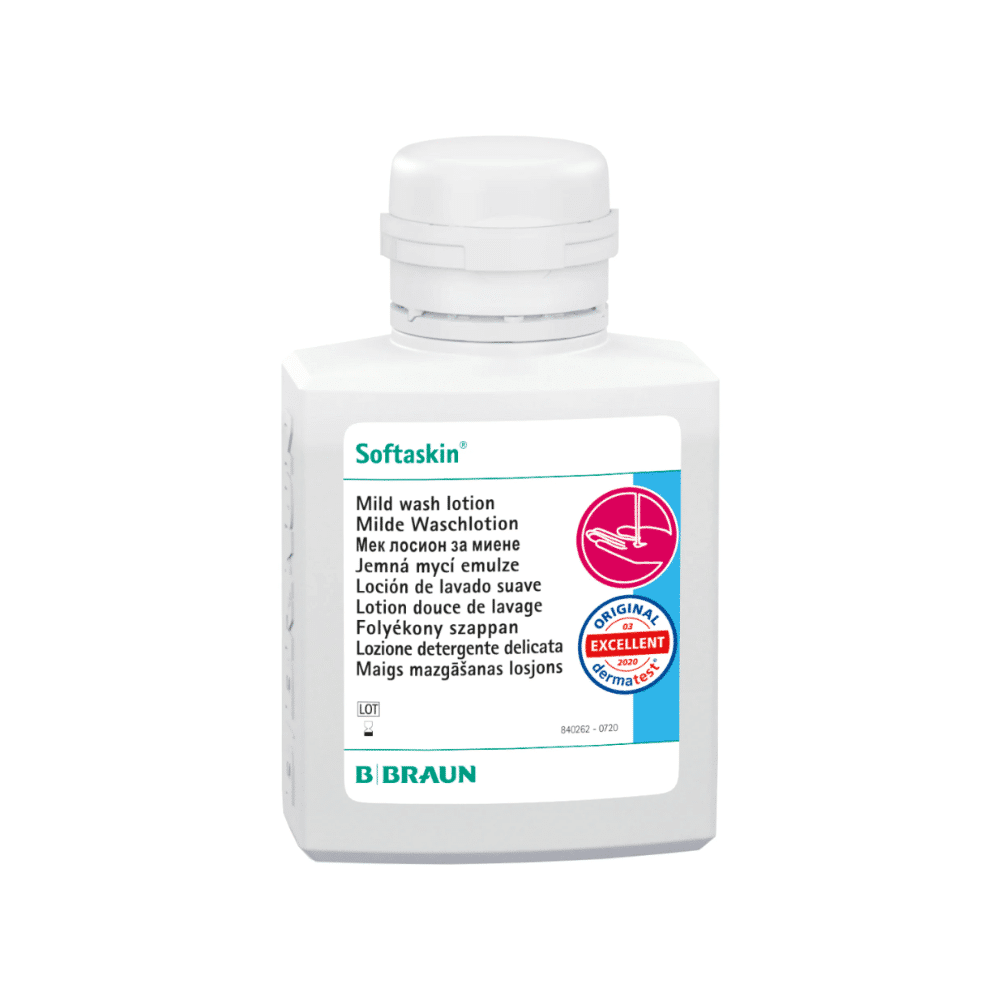 On a white bottle, it says "B. Braun Softaskin® Wash Lotion" and a multilingual text describes the lotion as a mild, environmentally friendly wash lotion. A quality seal is prominently placed on the bottle, and the name "B. Braun Deutschland GmbH & Co. KG" is printed on the bottom, guaranteeing that the lotion is free from microplastics.