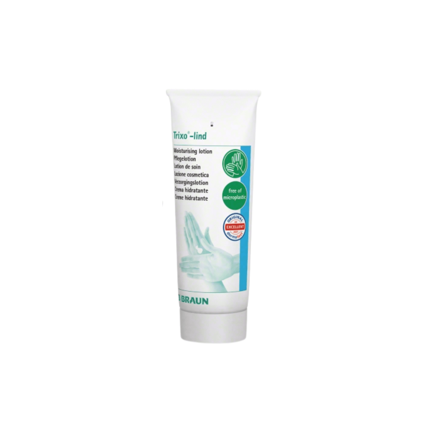 The B. Braun Trixo®-lind care lotion is available in a white tube with green-blue lettering. The packaging indicates a skin-neutral pH value, confirms that the lotion is free of microplastics, and bears a dermatologically tested seal. The brand name B. Braun Deutschland GmbH & Co. KG is prominently displayed at the bottom edge.