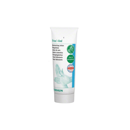 The B. Braun Trixo®-lind care lotion is available in a white tube with green-blue lettering. The packaging indicates a skin-neutral pH value, confirms that the lotion is free of microplastics, and bears a dermatologically tested seal. The brand name B. Braun Deutschland GmbH & Co. KG is prominently displayed at the bottom edge.