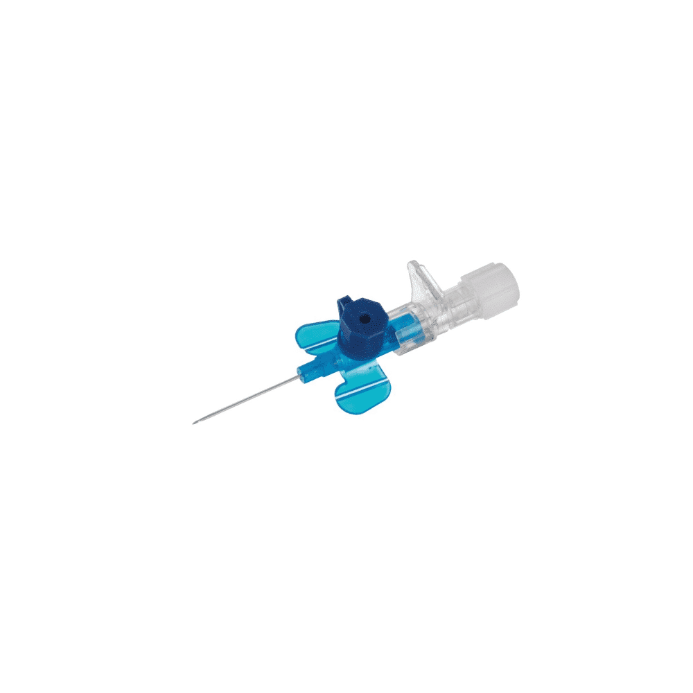 The B. Braun Vasofix® Braunüle® intravenous cannula, manufactured by B. Braun Deutschland GmbH & Co. KG, is a medical IV catheter distinguished by its transparent plastic body and blue wing attachment. It is equipped with a needle for insertion at one end and has a white cap at the other end, facilitating the efficient delivery of fluids or medications.
