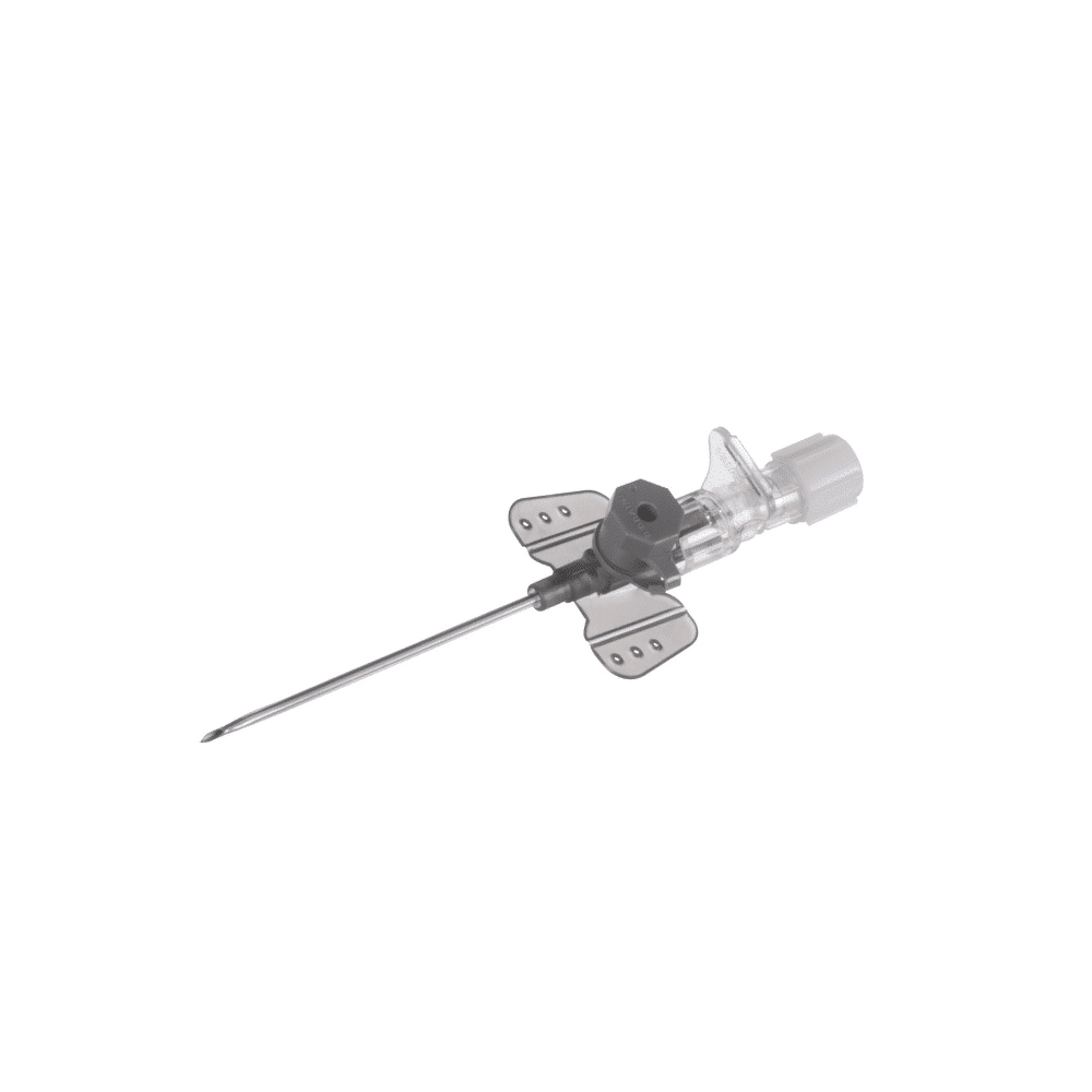 The B. Braun Vasofix® Braunüle® intravenous cannula from B. Braun Deutschland GmbH & Co. KG features a transparent body and wings with a sharp metal needle and a white cap at the base, all elegantly presented against a simple background.