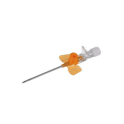 The B. Braun Vasofix® Braunüle® intravenous cannula, manufactured by B. Braun Deutschland GmbH & Co. KG, has a transparent hub with a white cap and orange wings for stabilization. The stainless steel cannula allows efficient administration of fluids or medications directly into the bloodstream.