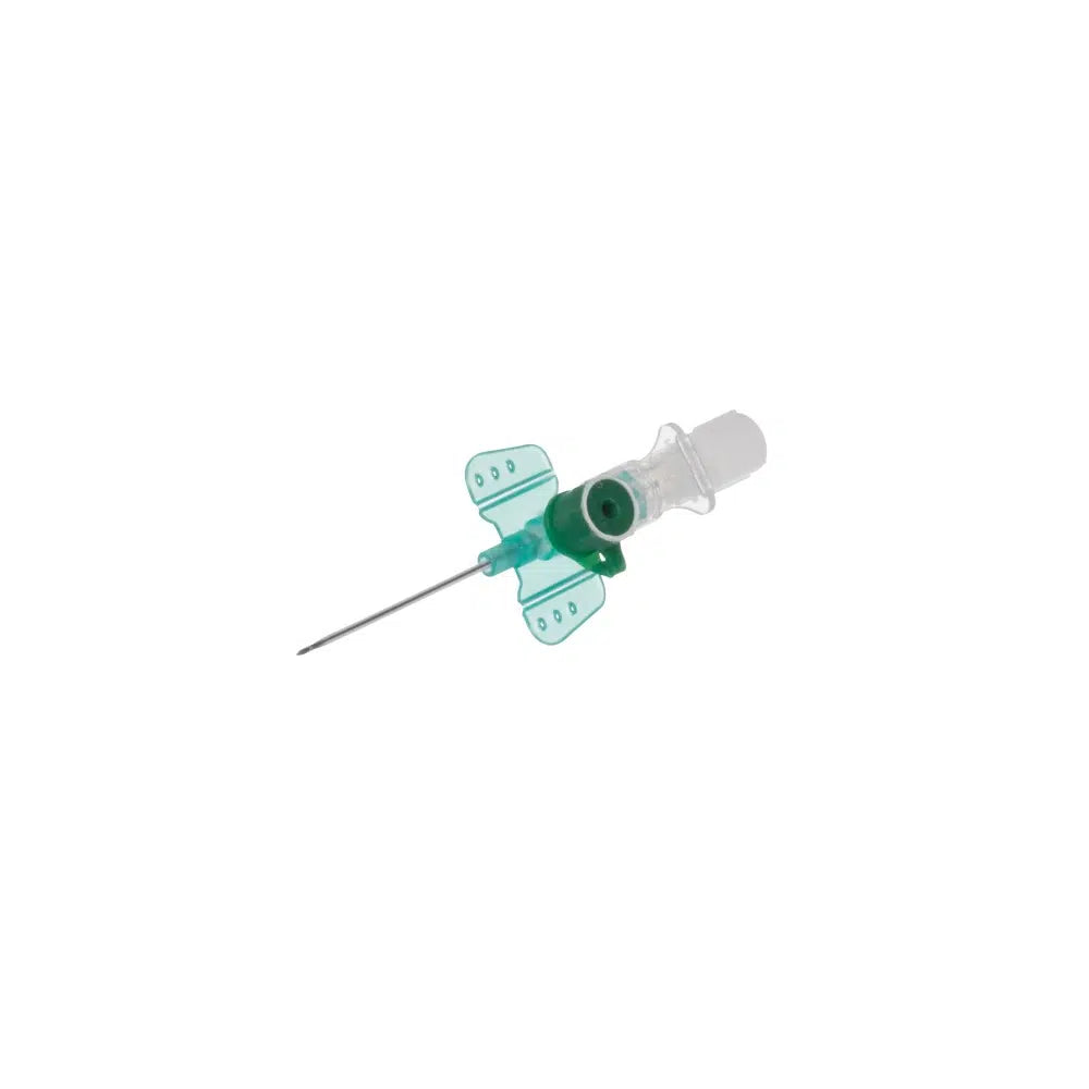The close-up image shows a B. Braun Vasofix® Braunüle® intravenous cannula in green with a transparent housing, equipped with a needle. Its design includes wing-like tabs near the base for easy handling and secure attachment. The FEP catheter is isolated against a white background, highlighting its precision and utility.