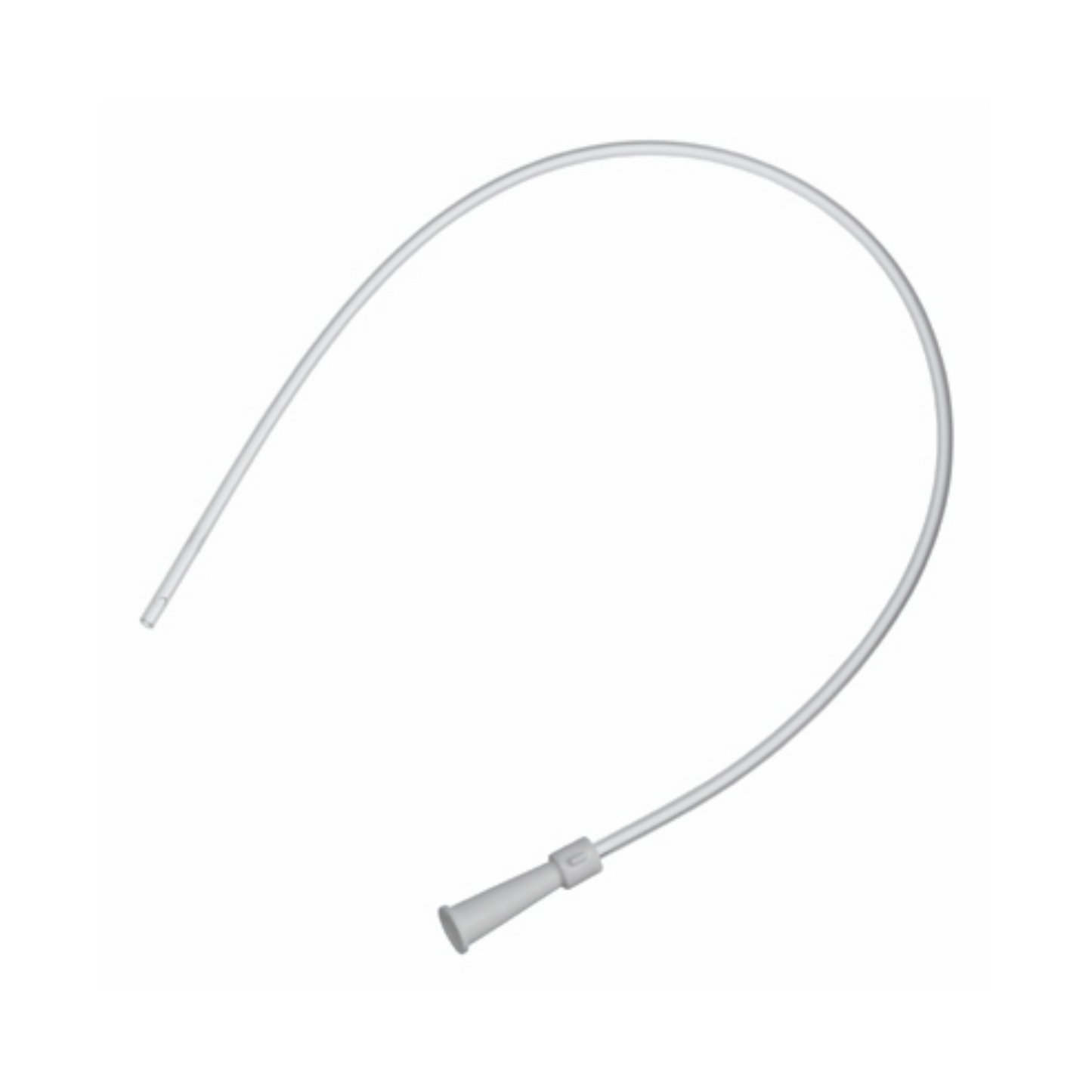 An image of the B. Braun suction catheter type Ideal with a straight tip and color-coded funnel adapters. The flexible, white medical tube is coiled in a semicircle, highlighting its excellent gliding properties against the plain white background.